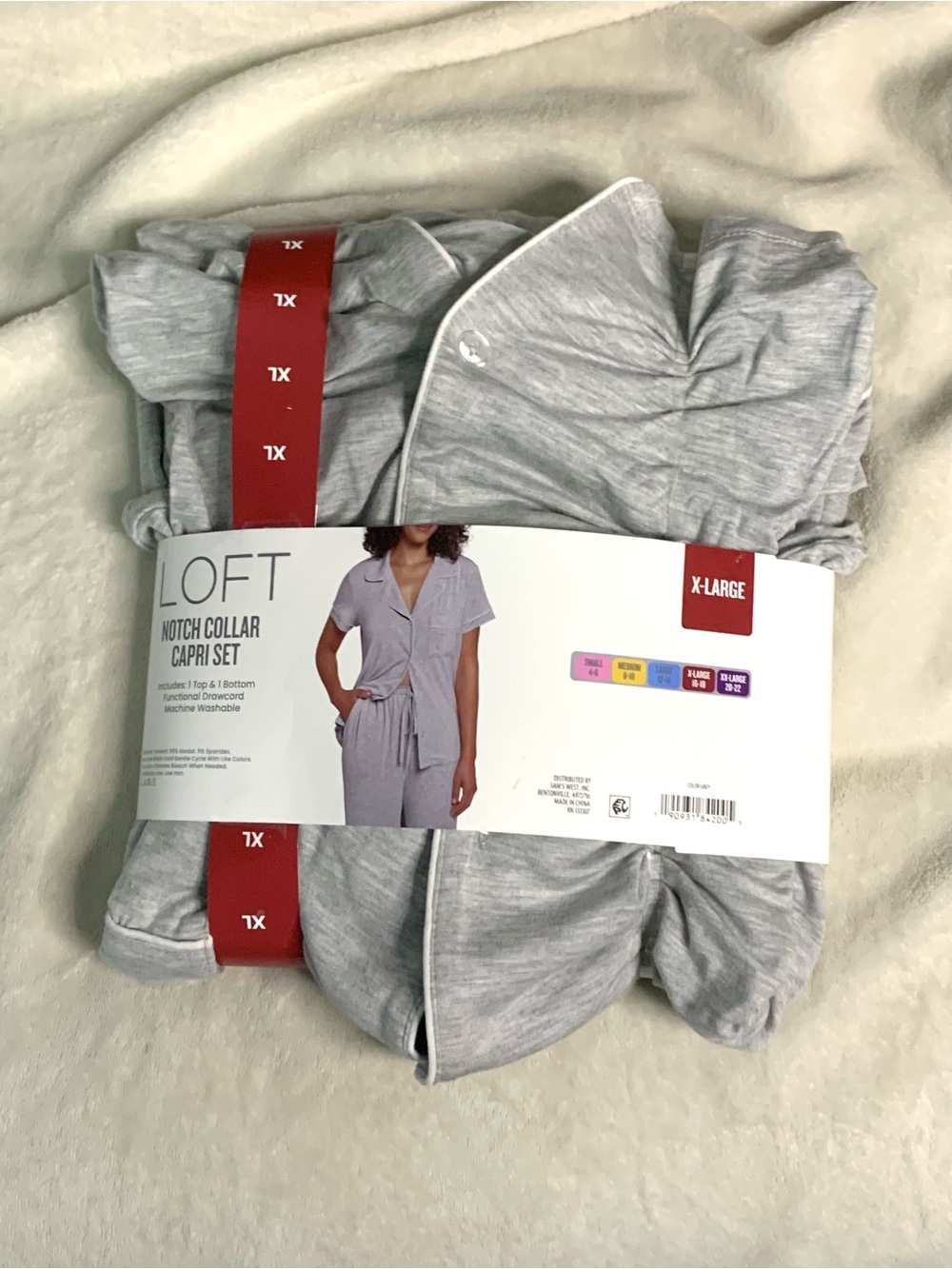 NWT LOFT Light Gray Notch-Collar Capri Pajama Set Women’s XL Casual Comfy Button